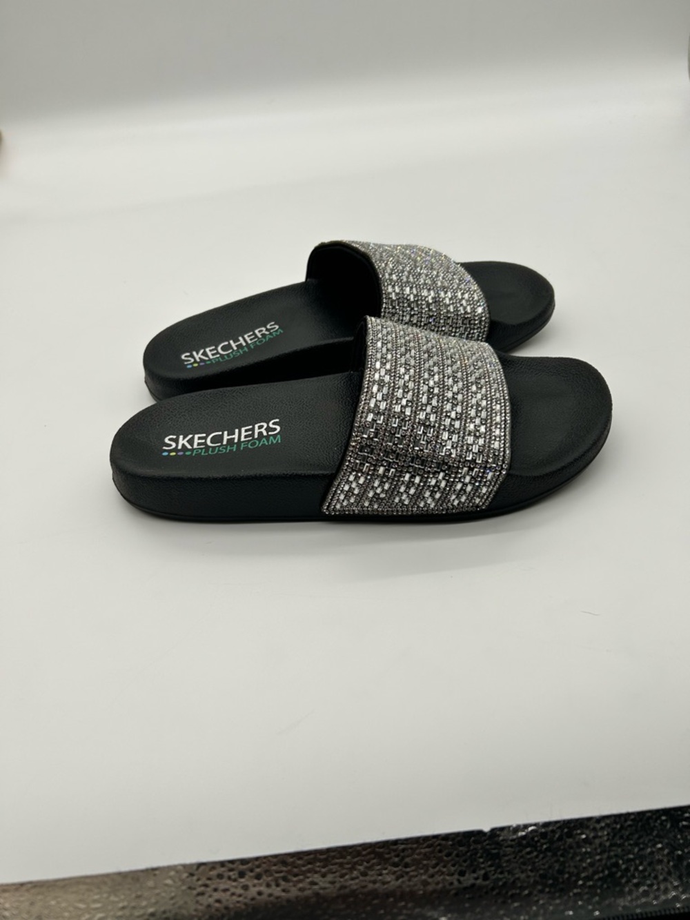 Skechers Women’s Black Slides with Silver Sparkle Strap - Picture 2 of 6